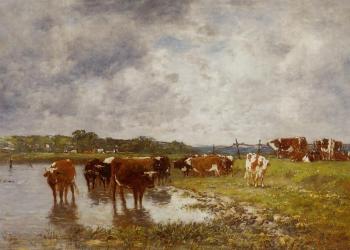 尤金 佈丹 Cows in a Meadow on the Banks of the Toques